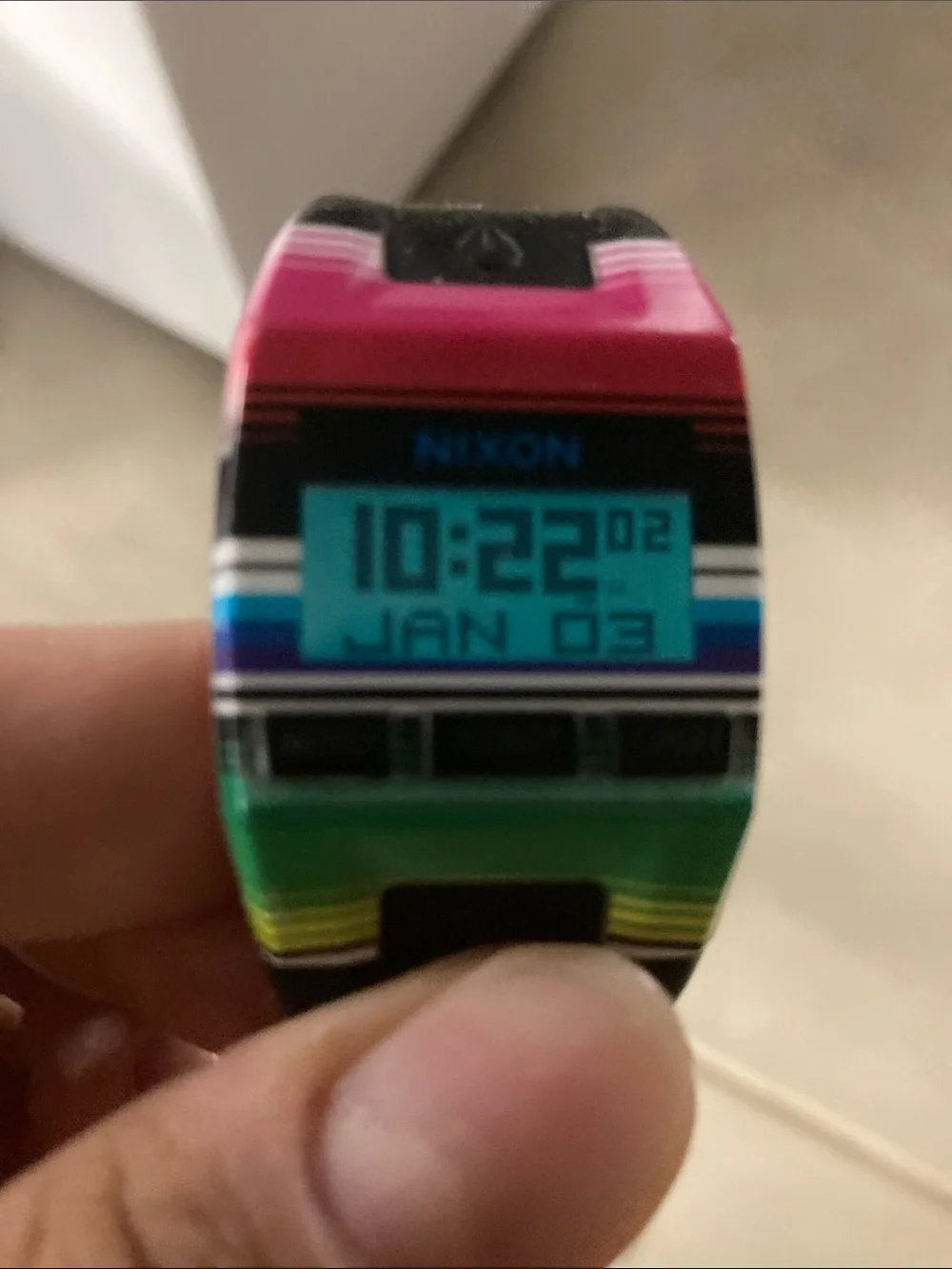 Nixon The Comp S, Digital Watch - Pink, Green & Black Stripes, new battery